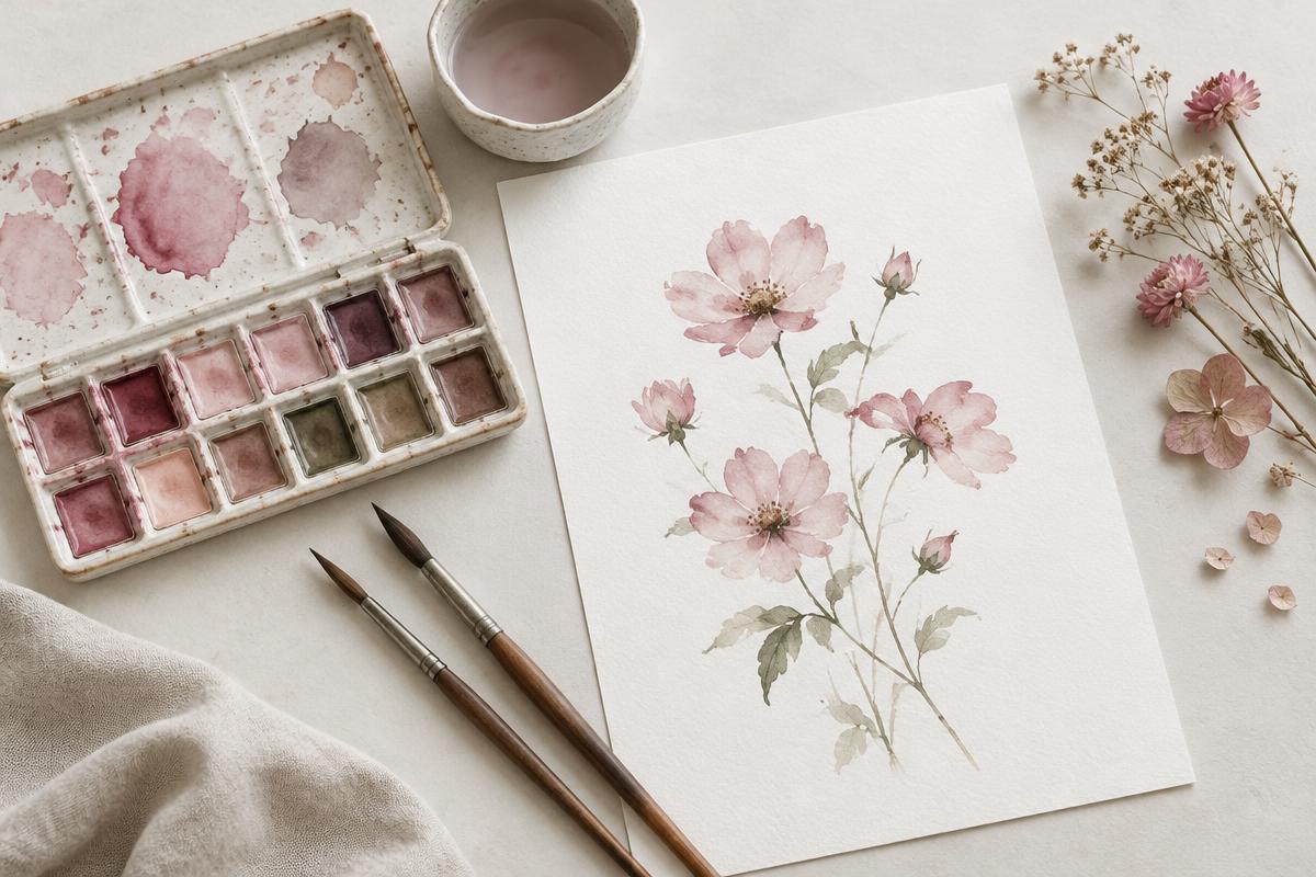 Pinceaux et palette d’aquarelle avec une composition florale, visuel d’ambiance
